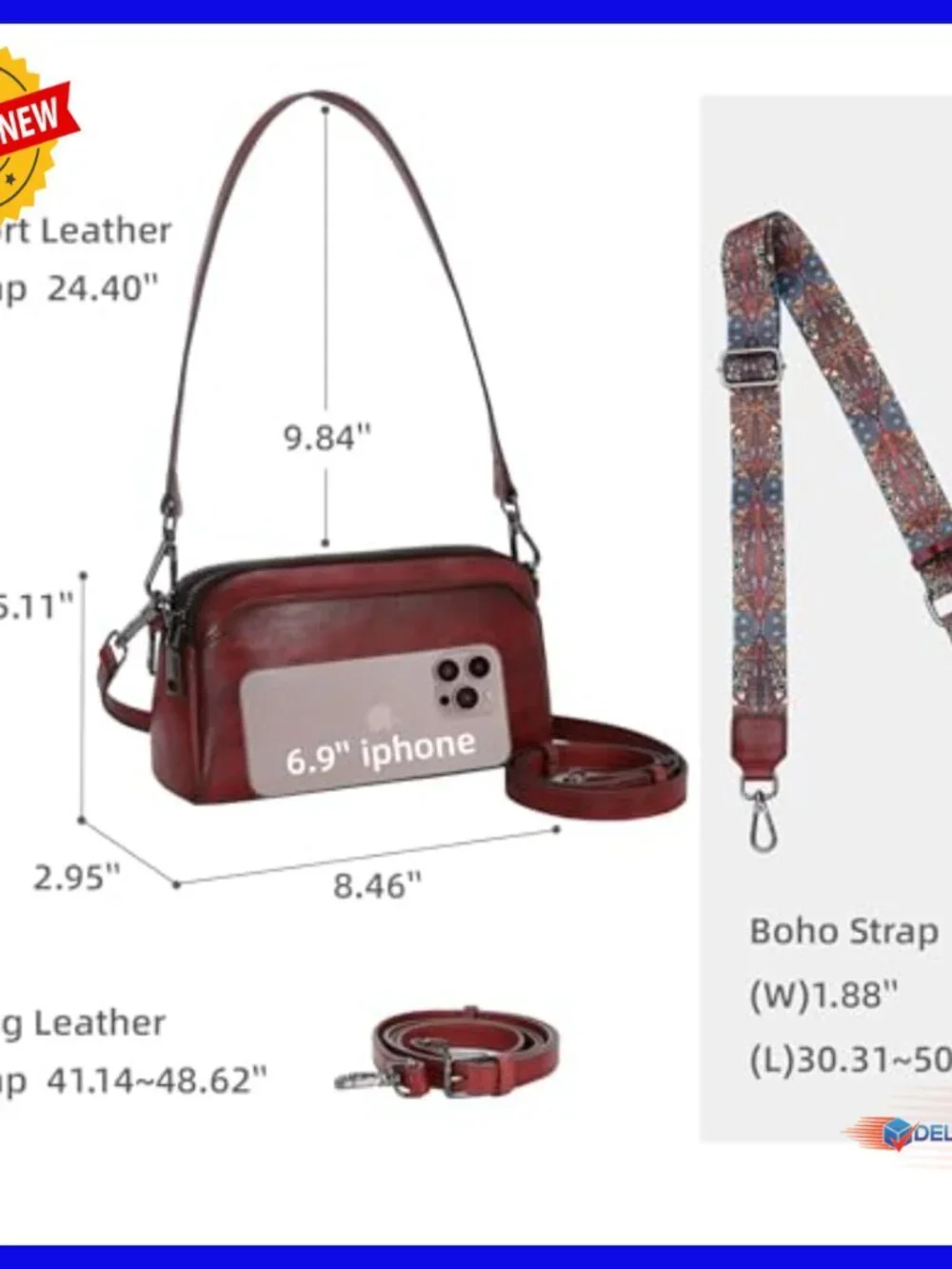 Genuine Leather Crossbody Bag with Multiple Pockets, Adjustable Straps
